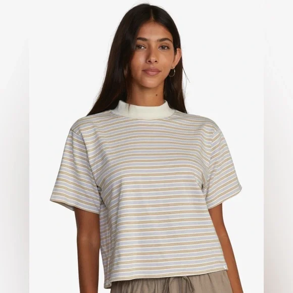 RVCA SELECTS | mock neck boxy cotton striped tee | size large - Picture 1 of 6